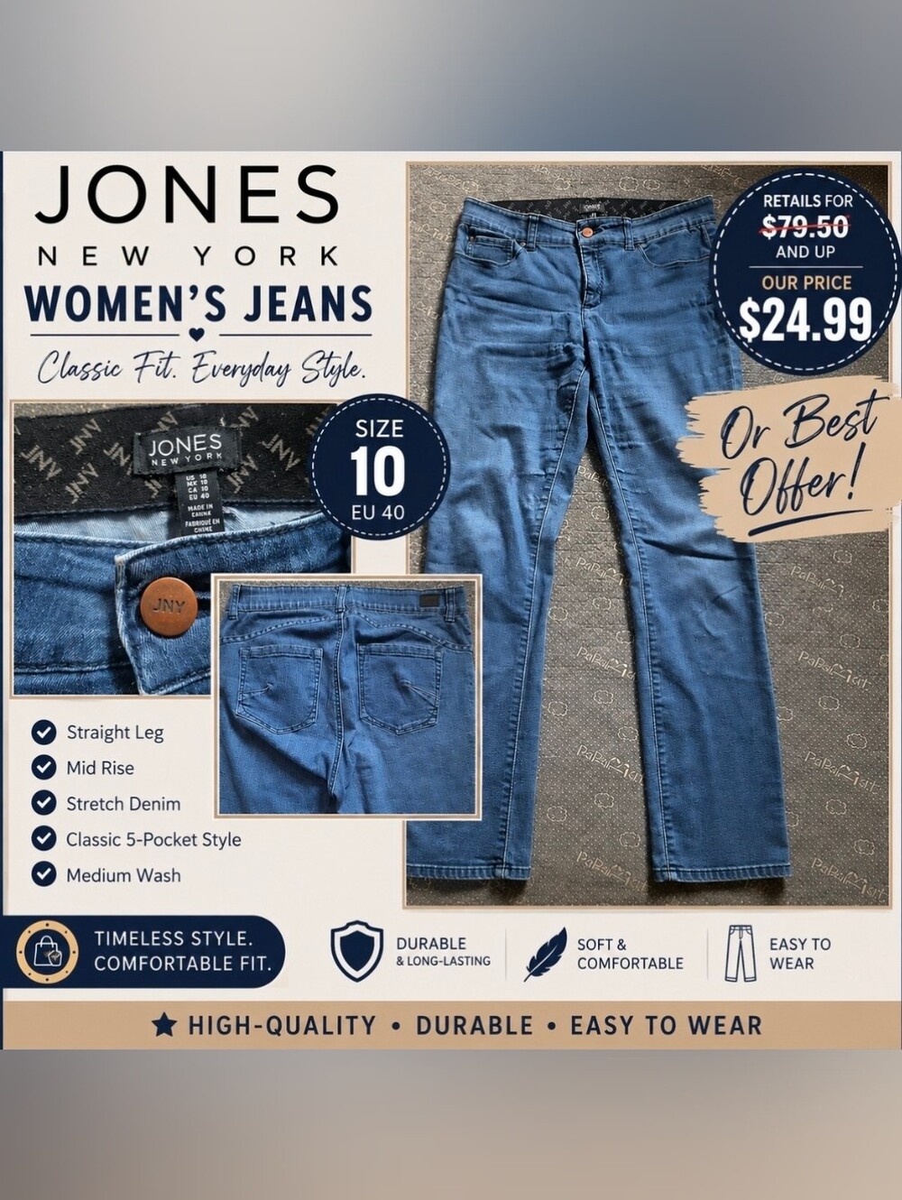 Jones New York Women’s Jeans Size 10 Straight Leg Stretch Blue Denim Mid Rise